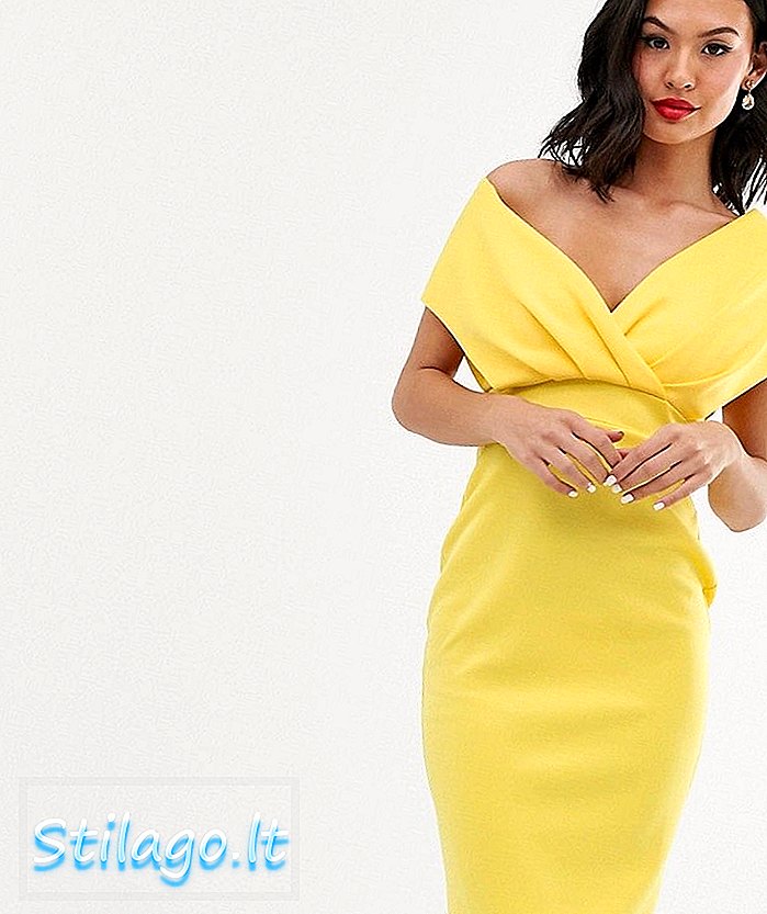 ASOS DESIGN vestido lápis midi ombro caído com detalhe de gravata-Amarelo