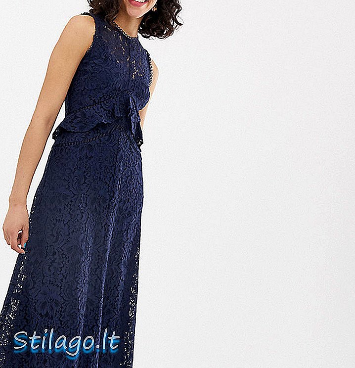 Lager-frill blonder midi-kjole i marineblå