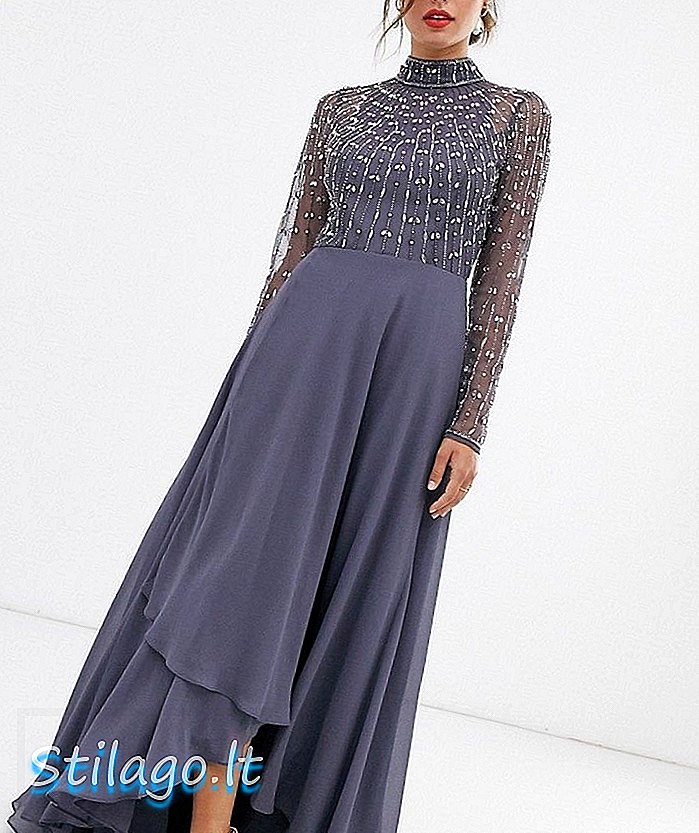 ASOS DESIGN maxi φόρεμα με γραμμικό διακοσμημένο μπούστο και φούστα περιτυλίγματος-Μπλε
