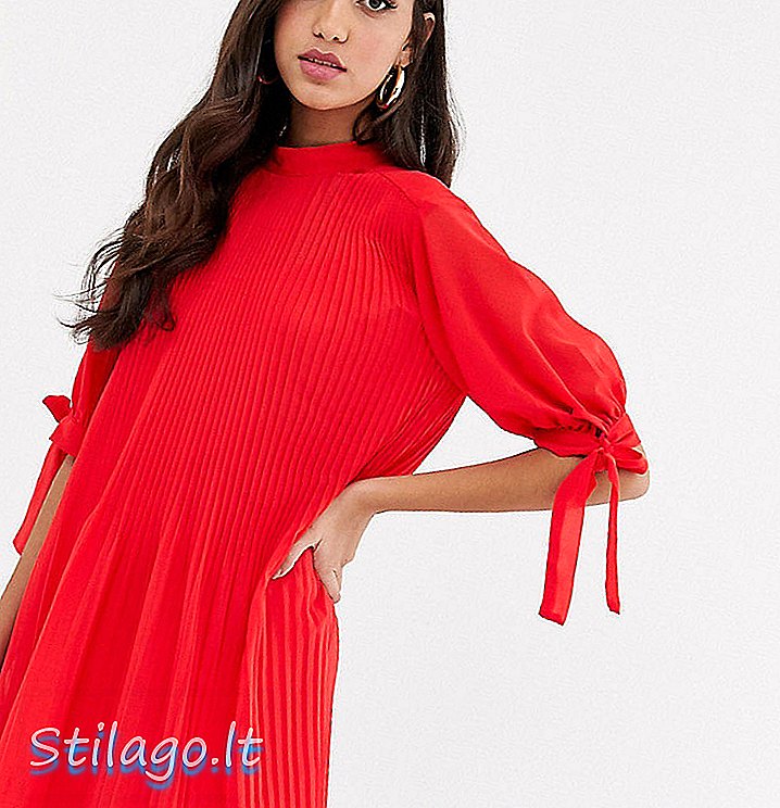 ASOS DESIGN Wysoka plisowana sukienka mini trapezowa z wiązanymi rękawami - czerwona