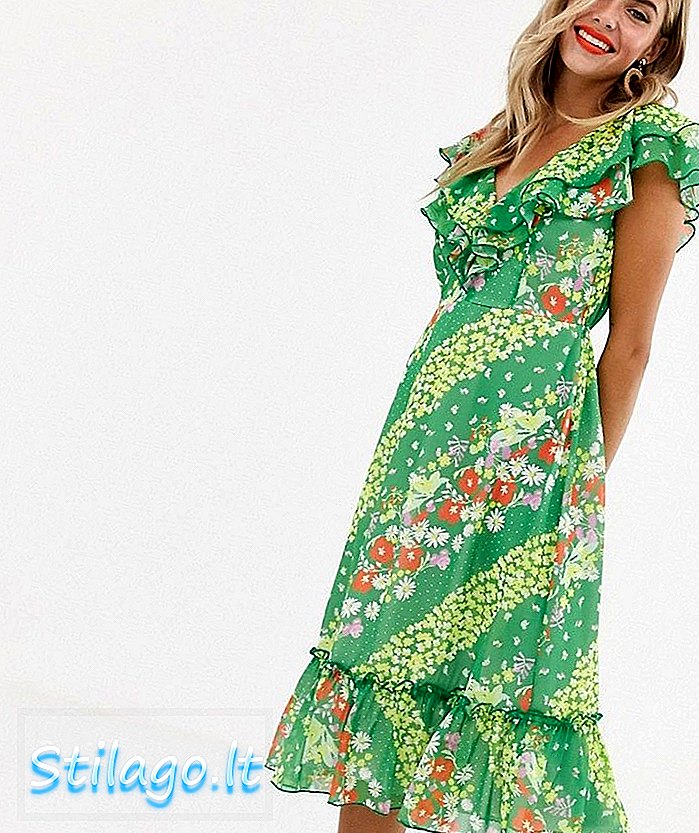 ट्विस्टेड वंडरने स्लीव्ह मिडी ड्रेस हिरव्या फुलांचा फ्लान्स केला
