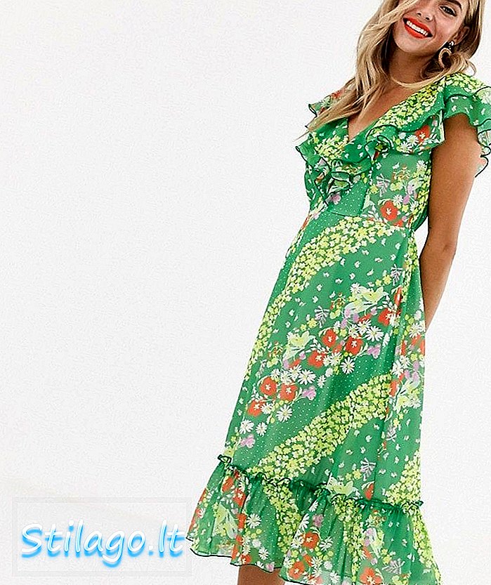 Vestido a media pierna con volantes retorcidos Wunder verde floral