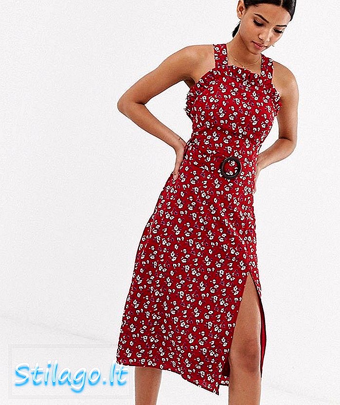 Fashion Union καμπύλο φόρεμα με στρογγυλή λαιμόκοψη με ζώνη μέσης σε floral-κόκκινο