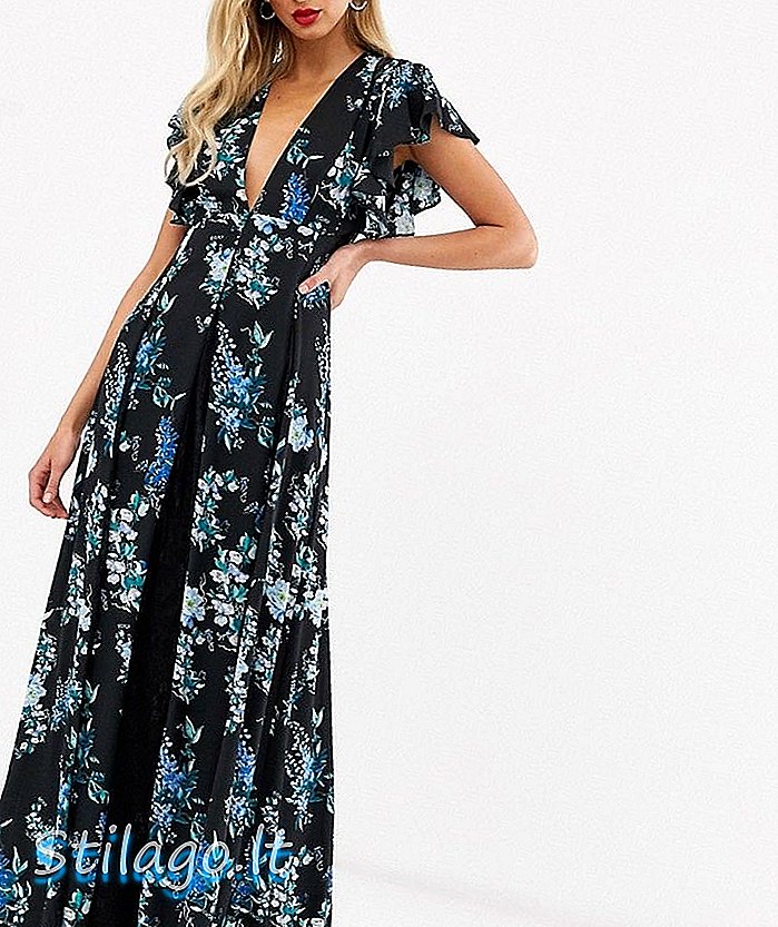 ASOS DESIGN maxi φόρεμα με ένθετα δαντέλες από δαντέλα σε μαύρο με floral εκτύπωση-Multi