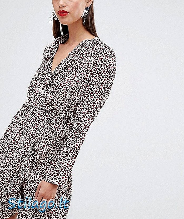 Unik 21 leopard print langermet wrap kjole med frill-Multi