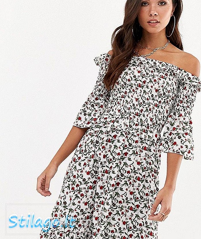 Missguided midi-kjole i bardot med frill detalj i blomsterprint-Multi