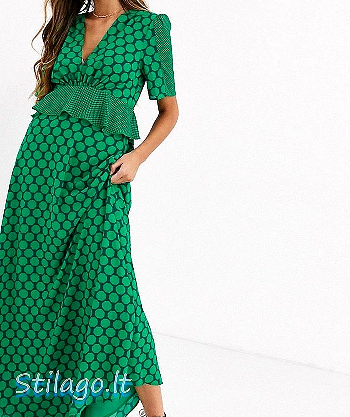Sukienka maxi z falbanami w kratę i falbanką w kontrastowym zielonym plamie