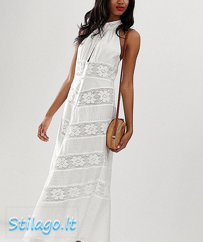 Gaun maxi halterneck ASOS DESIGN dengan sisipan renda-Putih