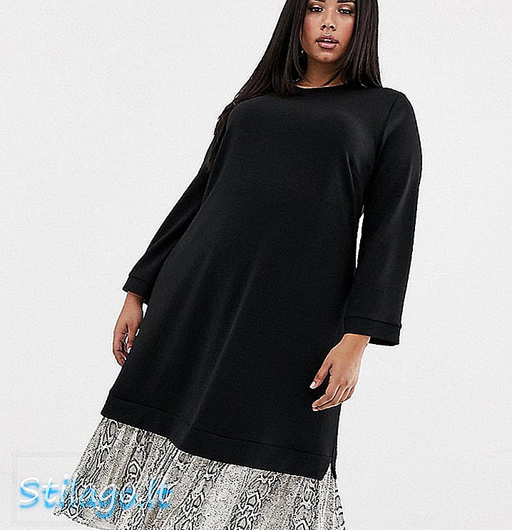 ASOS DESIGN 곡선 미디엄 2 in 1 스웨트 드레스, 주름 뱀 프린트 밑단-블랙