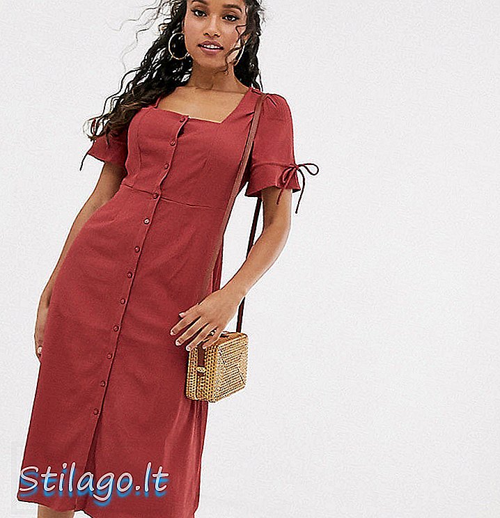 वेरो मोडा पेटीट बटण फ्रंट स्क्वेअर नेक मिडी ड्रेस-पिंक