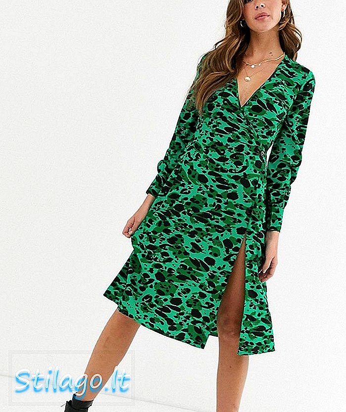 פרטי כפתור ההשפעה של שמלת midi בהדפס נמר מופשט ירוק