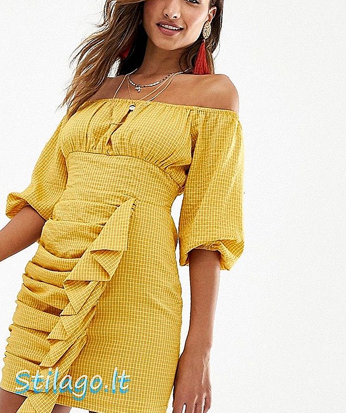 Skylar Rose bardot mini šaty s volánovými detailmi v gingham-žltej farbe