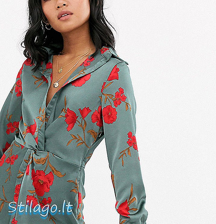 Pariser Hemdkleid mit zierlichem Knoten vorne in Blumendruck-Grün