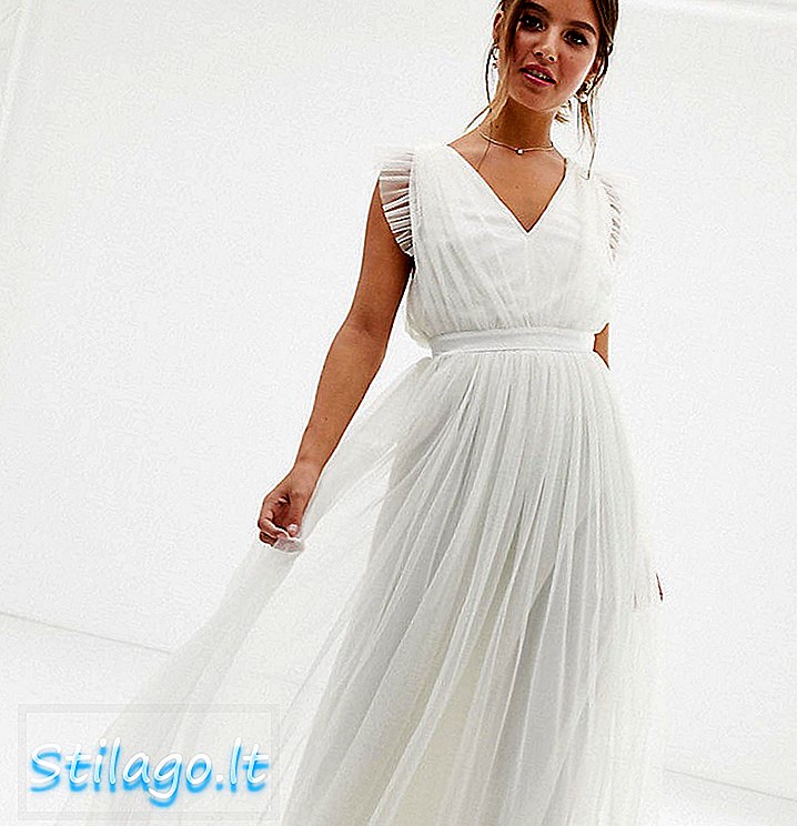 Vestit maxi amb coll de ploma d'Anaya With Love tulle amb màniga volante i acabat setinat en blanc