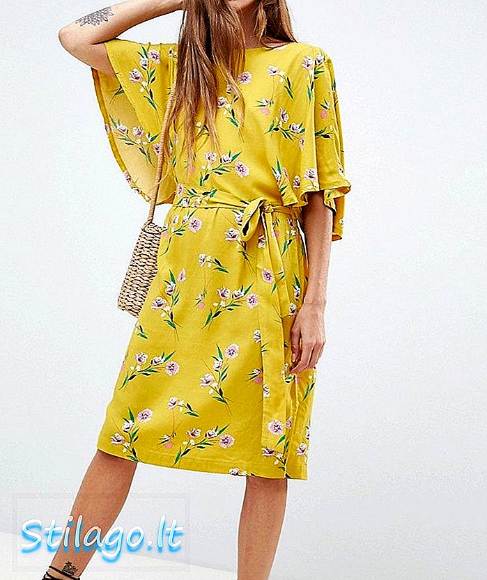 Bløtlagt i luksuriøs fløyte-erme Midi-kjole i blomsterprint-gul