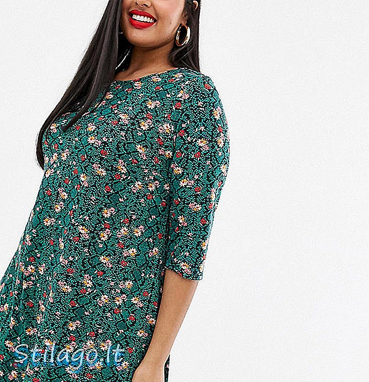 Simply Be swing dress in green snake print with floral-Multi