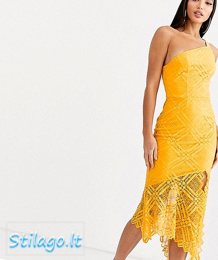 ASOS ڈیزائن لمبے لمبے کندھے کی ایک گرڈ لیس مڈی لباس-پیلے رنگ کی