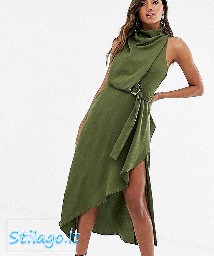 ASOS DESIGN drape hals midi kjole i struktureret stof med selvbælte-grøn
