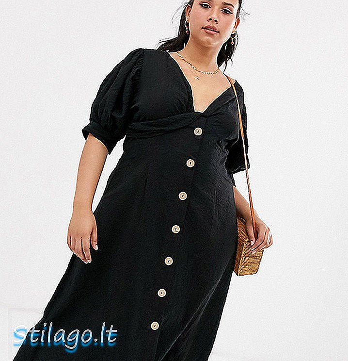 ASOS DESIGN Curve - Lange thee-jurk met gedraaide voorkant in seersucker-zwart