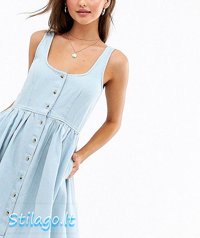 ASOS TASARIM denim kepçe boyun düğmesi açık patenci mini elbise lightwash mavi