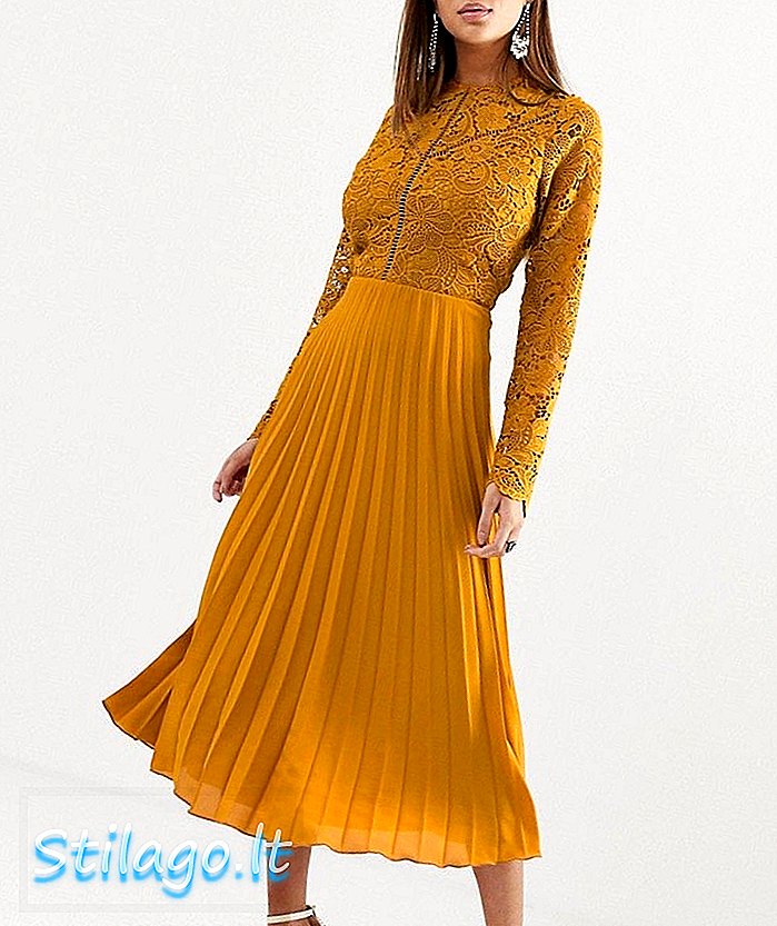 ASOS DESIGN nėrinių ilgio rankovių midi suknelė ilgomis rankovėmis su plisuotu sijonu-oranžinė