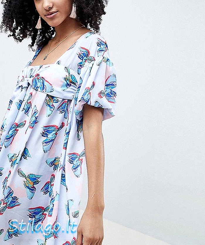 Mini-robe à encolure perdue avec encolure devant et imprimé oiseaux - Bleu