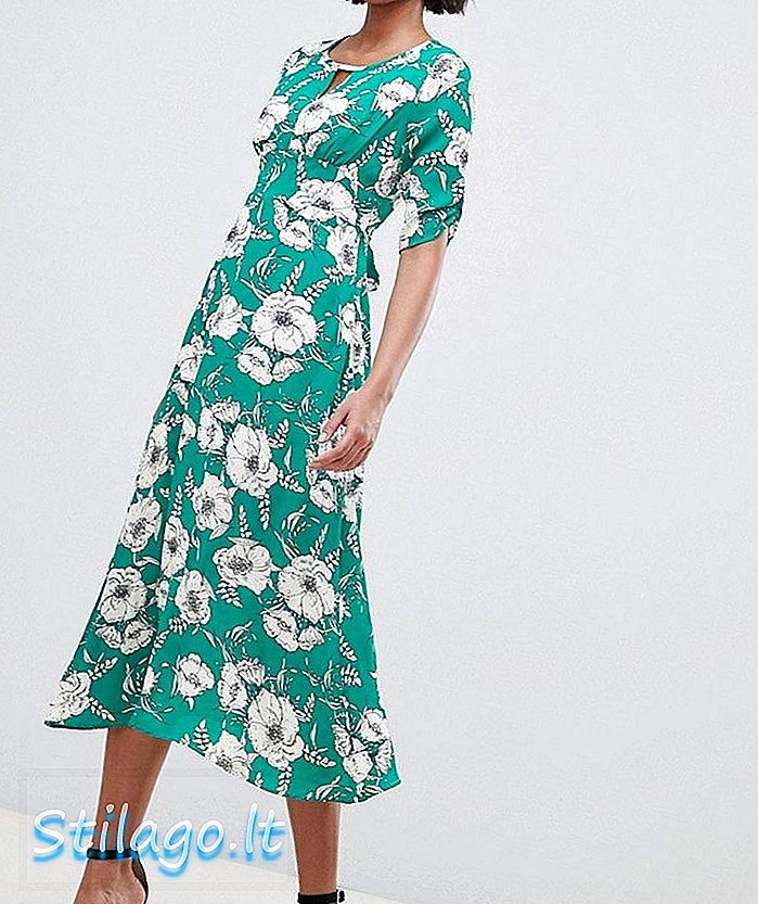 Likvidujte midi šaty a-line s kľúčovou dierkou a kvetinovou potlačou-zelenou farbou