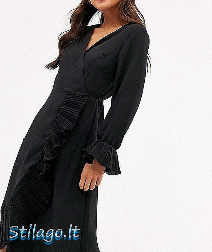Boohoo membungkus gaun midi dengan trim lipit dalam warna hitam