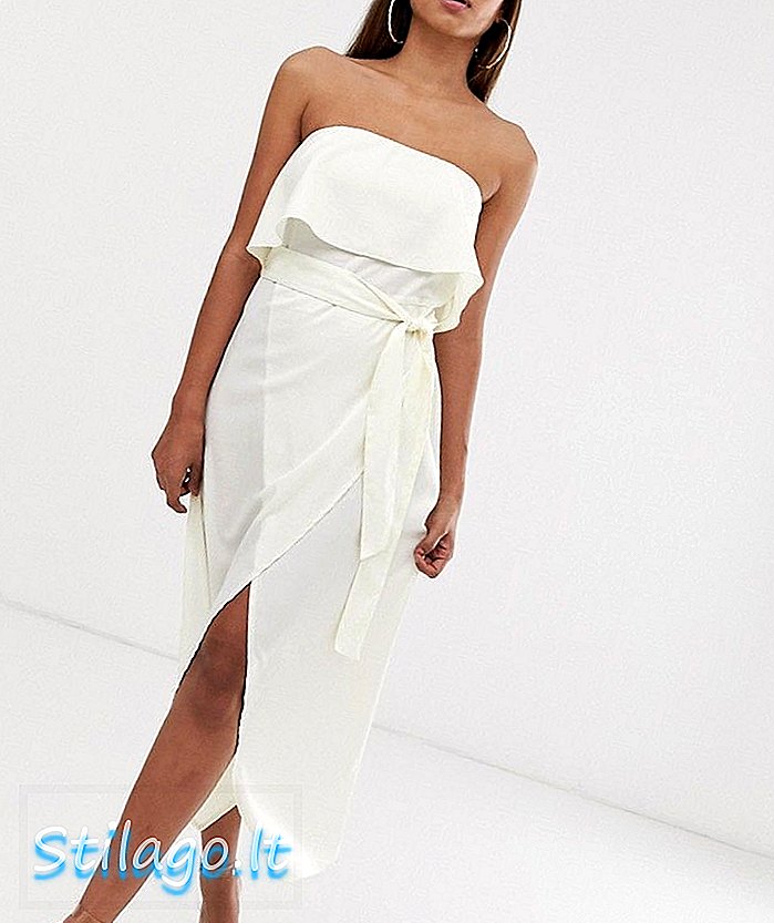 PrettyLittleThing bandeau midi-jurk met gestrikte taille in wit gehamerd satijn