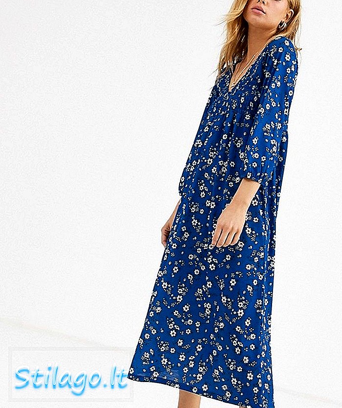 Pull & Bear gesmokte midi-jurk met bloemenprint in blauwe print