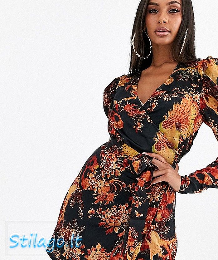 Missguided wrap dress with puff sleeves in floral print-Multi