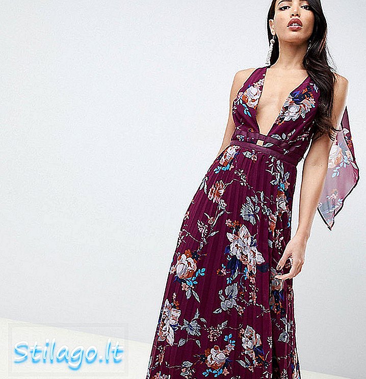 ASOS THIẾT KẾ Váy maxi xếp li cao với chi tiết băng trong in hoa mùa đông-Multi