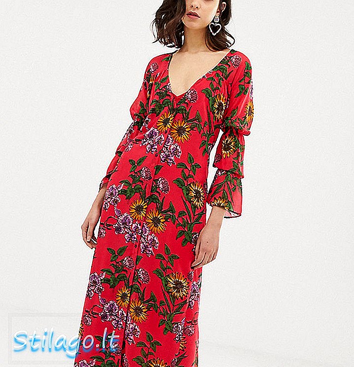 Макси-платье Dusty Daze с рюшами спереди в цветочно-красном цвете