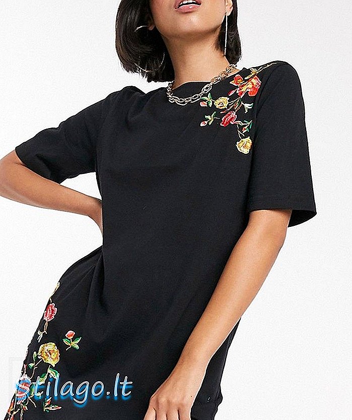 ASOS ڈیزائن کڑھائی والی ٹی شرٹ منی لباس-سیاہ