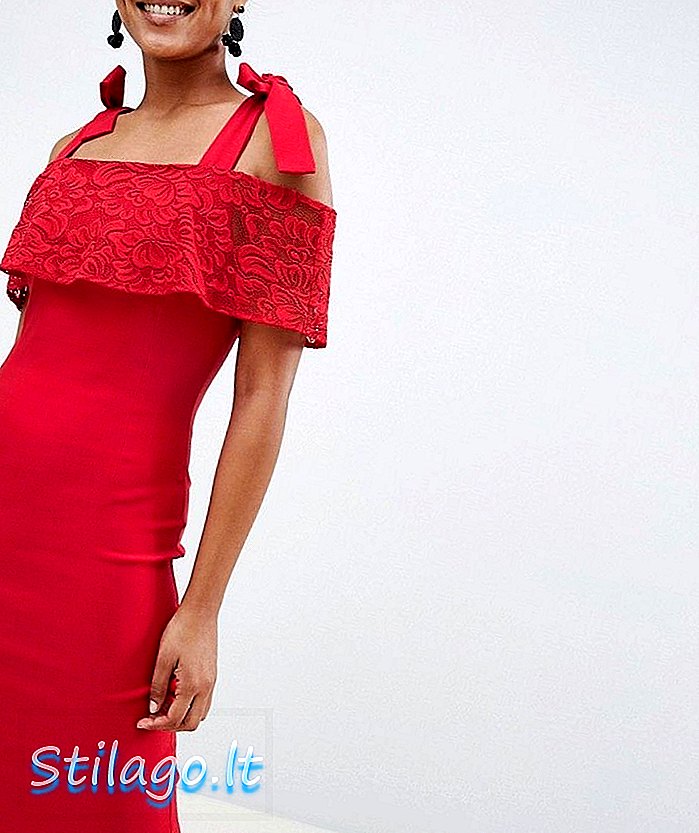 Sukienka midi z odkrytymi ramionami i koronkową nakładką - Czerwona