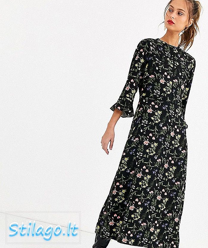 Oasis midi-jurk met ruches aan de mouwen in bloemenprint-Zwart