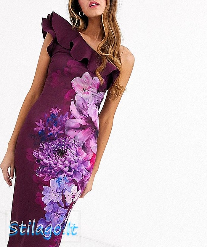 Lipsy frilly φόρεμα ώμου με μολύβι ώμου σε δαμάσκηνο λουλουδάτο σχέδιο-Μωβ