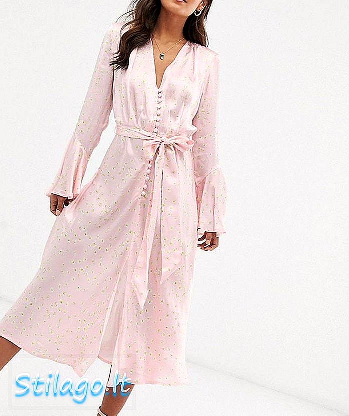 Ghost annabelle σατέν κουμπί μπροστά μεσαίο φόρεμα σε τύπωμα μαργαρίτα-Ροζ
