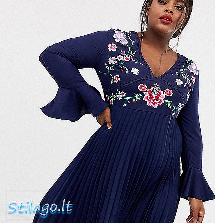 ASOS DESIGN Kurva broderad veckad midi-klänning med spetsinsatser - Navy