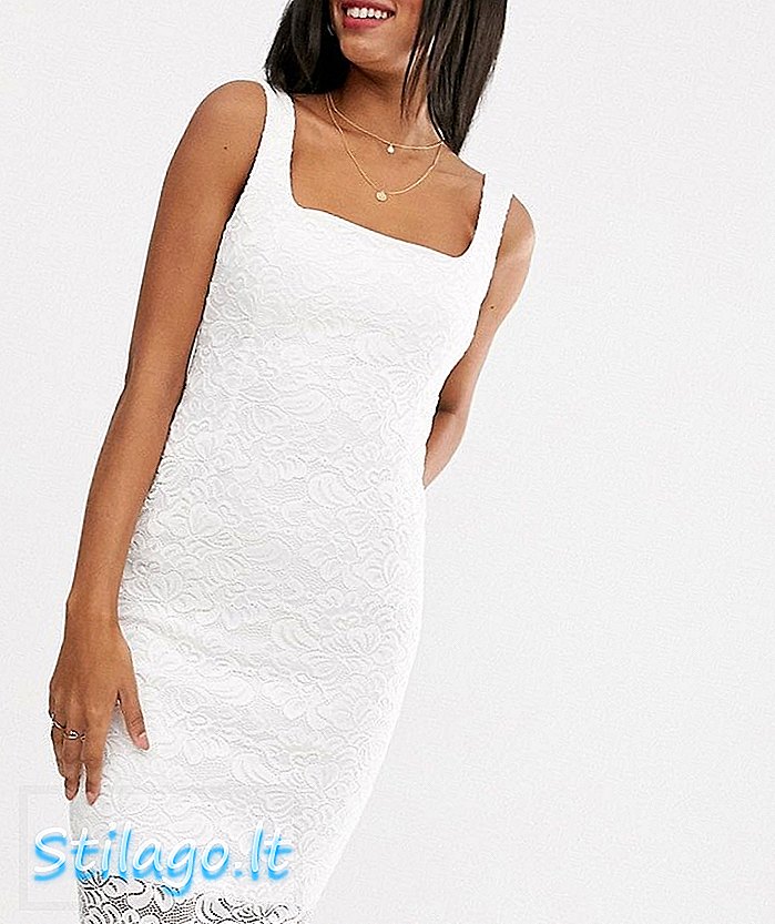 فستان دانتيل فيسبير بياقة مربعة-أبيض
