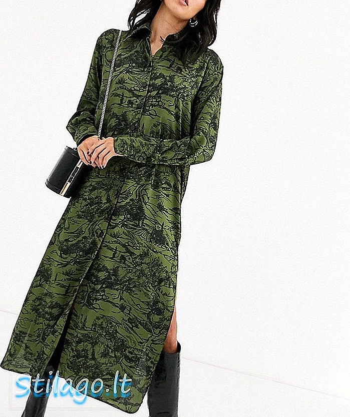 שמלת חולצה טופשופ midi בהדפס נוי חאקי-ירוק