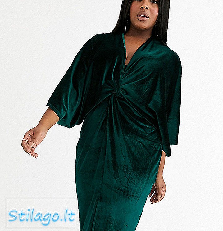 Vestido midi kimono de veludo Flounce London Plus em verde esmeralda