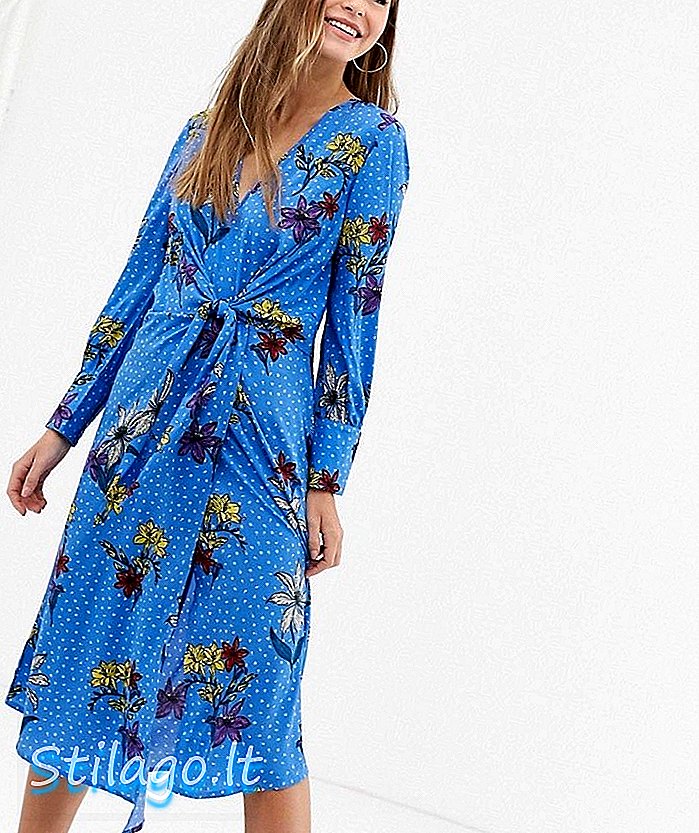Влияние възел асиметрична обвивка предна флорална рокля midi в синьо