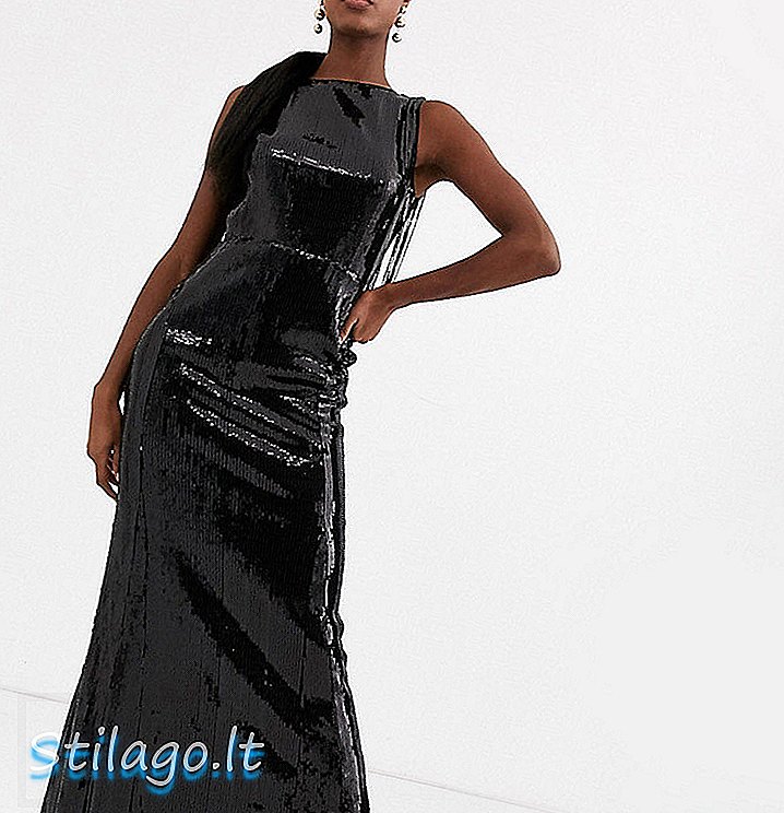 TFNC Lange maxi-jurk met lovertjes en achterkant met franjes in vloeibaar zwart