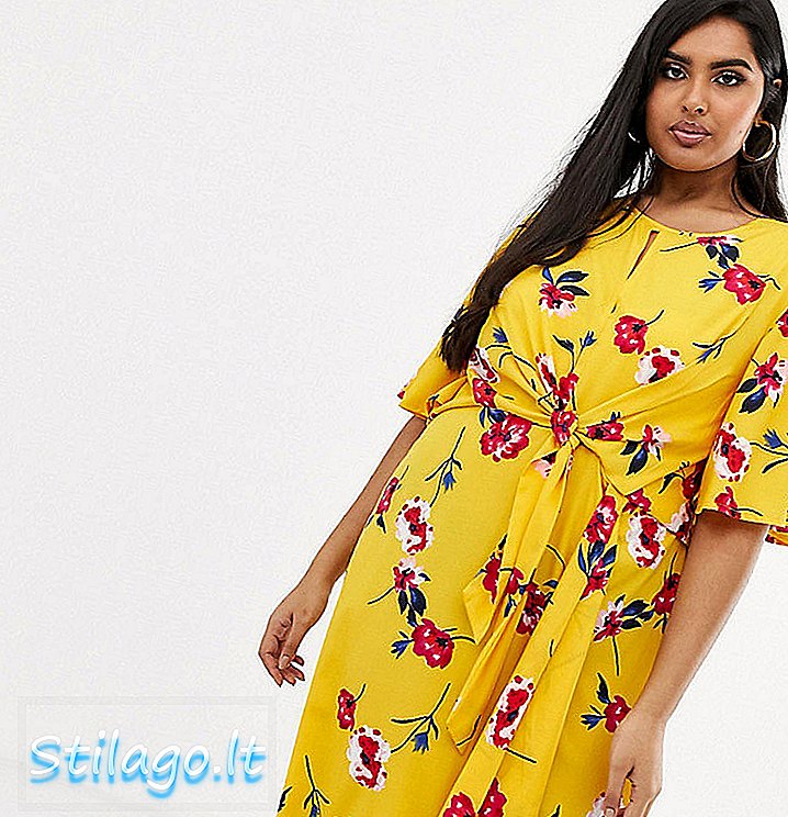 PrettyLittleThing Plus midi-kjole med slips i taljen i gul blomster