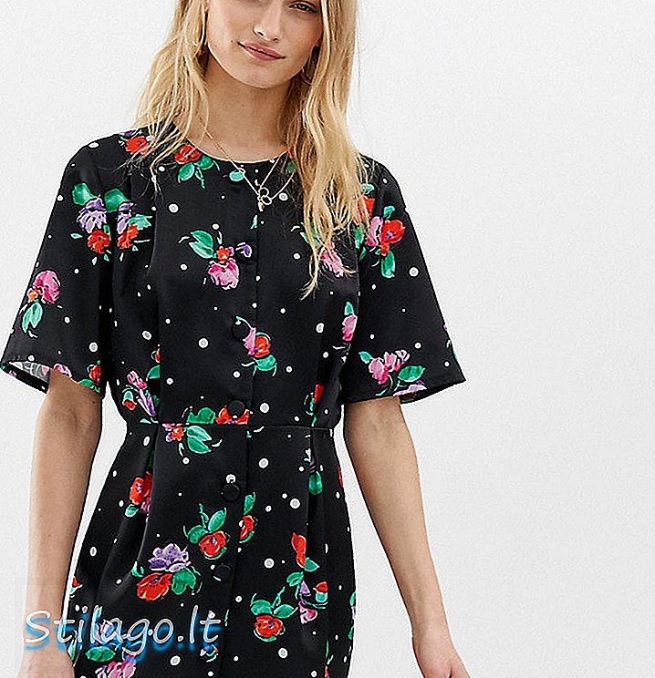 Gjenvunnet Vintage inspirert knapp gjennom mini-te kjole i blandet blomsterdekk flekktrykk-Multi
