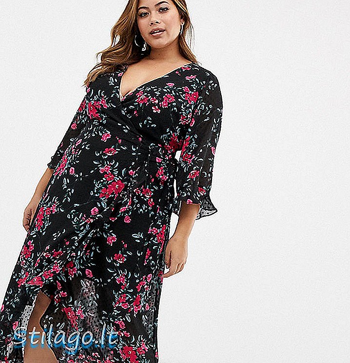 Fashion Union Plus - Robe midi plongeante sur le devant en dobby floral-Noir