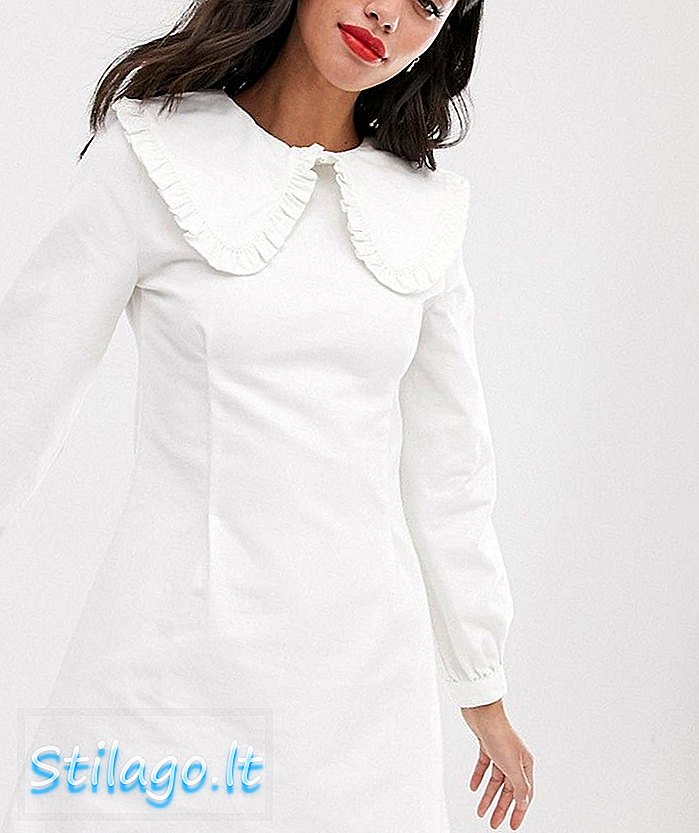 ASOS DESIGN - Denim mini-jurk met ruches aan de kraag in wit