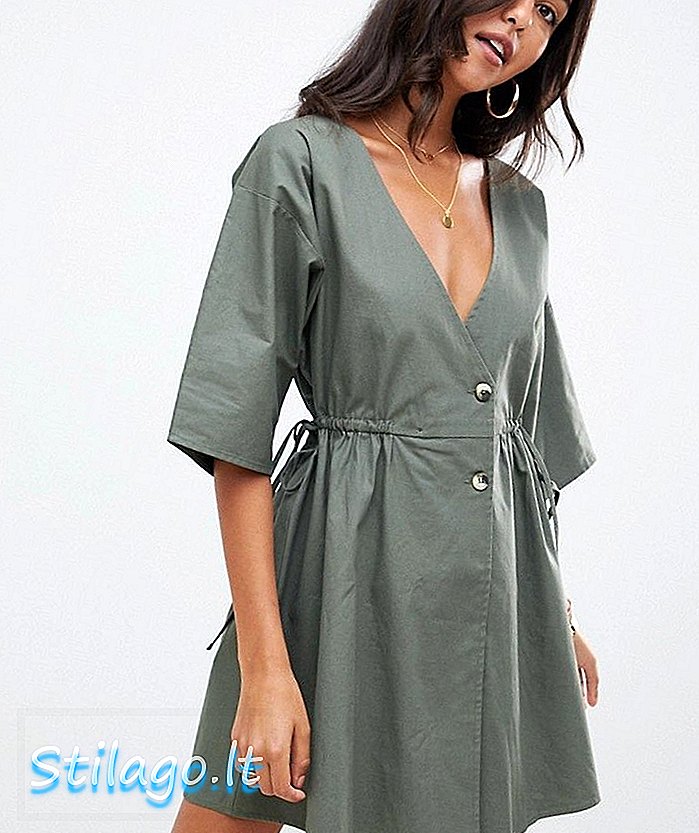 ASOS DESIGN v rochie mini front smock casual cu nasturi-Verde