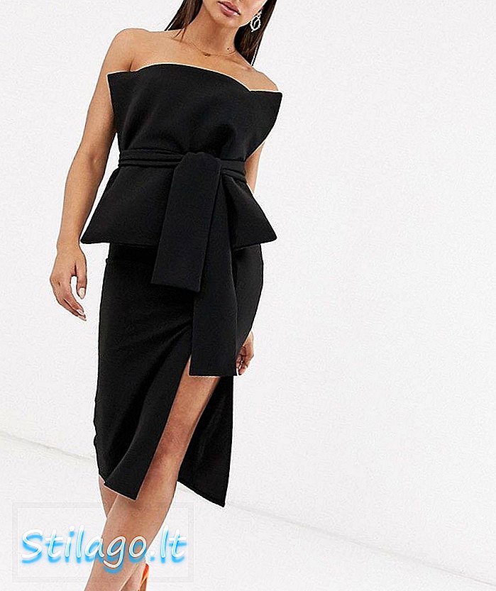 ASOS DESIGN minimal lipatan bandeau belted midi dress-Black